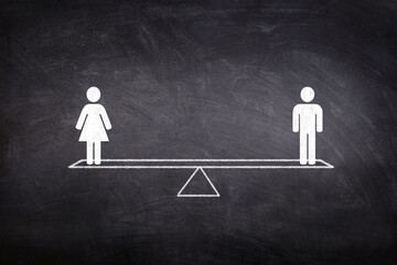 Gender Equality Concept : Male and female figure icon symbols balancing on seesaw or balance scales...