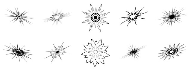 Collection of black sun stars flower starburst sunbeam burst natural sunlight snowflakes icon element objects decoration, abstract background wallpaper pattern seamless art graphic design vector illus