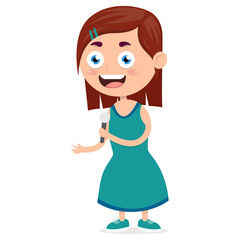little girl singing with microphone in his hand, vocal performance by kid, cartoon vector illustration