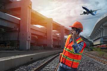Engineer on railways. engineer train on the railway. Worker walk on railway. engineer railway concept. infrastructure, rails, engineer