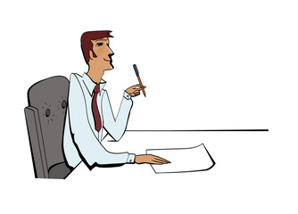 Man in an armchair at a work table looks up dreamily. Write a statement. Office routine. Isolated on white background.