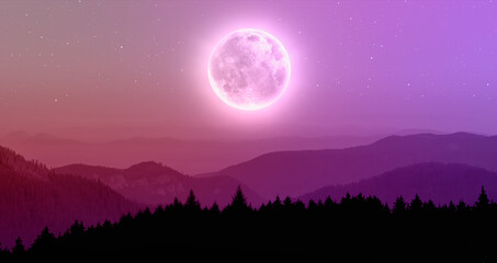 Fototapeta na wymiar Beautiful landscape with lilac misty silhouettes of mountains against super blue moon 