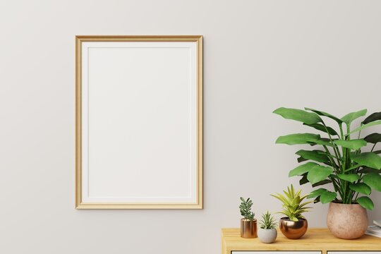 Home interior poster mock up with vertical wood frame with ornamental plants in pots on empty wall background.