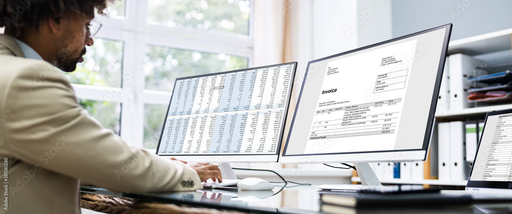 Poster looking at invoice and spreadsheet on computer