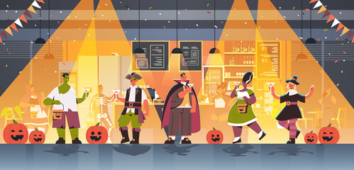 people in different costumes celebrating happy halloween holiday mix race men women drinking cocktails having bar party full length horizontal vector illustration