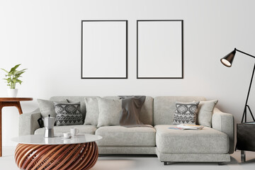 mock up poster frame in modern interior background, living room, Scandinavian style, 3D illustration