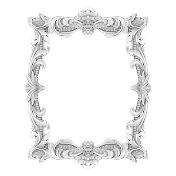 frame carved vintage black and white pencil drawing, 3d render isolated on white background high quality