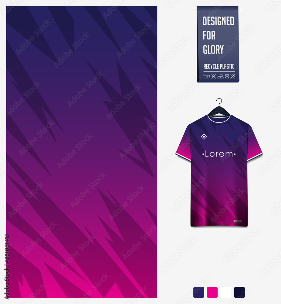 Wall mural Fabric textile design. Thunder pattern on violet gradient background for soccer jersey, football kit, bicycle, e-sport, basketball, sports uniform. T-shirt mockup template. Abstract sport background. 