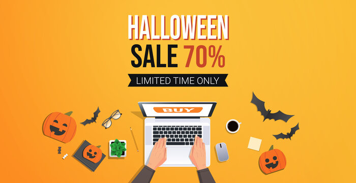hands using laptop happy halloween sale promotion template seasonal discount greeting card of flyer desk top angle view horizontal vector illustration