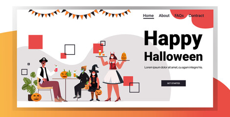 happy halloween holiday celebration concept waitress in costume serving cocktails to clients in cafe horizontal full length copy space vector illustration