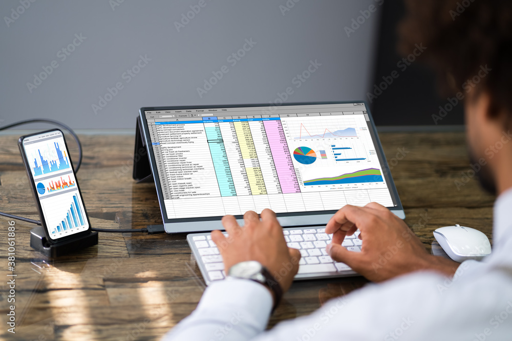 Poster Analyst Employee Using Spreadsheet Software On Phone
