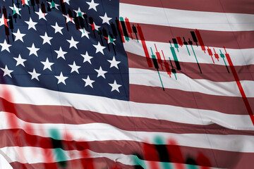 Falling graphics on background of USA flag. Statistical indicators. Decline in value of USA...
