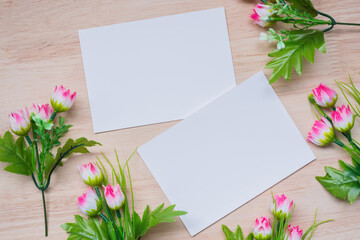 empty photo frames on wooden background