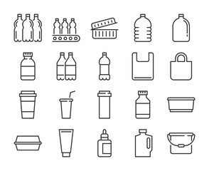 Plastic packaging icon. Plastic industry line icons set. Editable stroke.