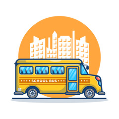 Illustration vector graphic of School Bus Transportation. Bus with City Silhouette in background. Flat cartoon style perfect for sticker, wallpaper, icon, landing page, website.