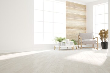 modern empty room with armchair,plant,pots,frames interior design. 3D illustration
