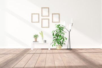 modern empty room with table,lamp,plant and frames interior design. 3D illustration