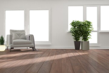 modern room with armchair,pillows,plant interior design. 3D illustration