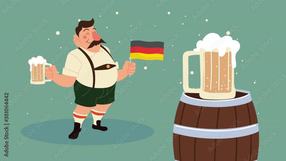 Sticker oktoberfest celebration animation with drunk man drinking beers and flag germany