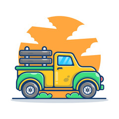 Illustration vector graphic of Farmer Car Transportation.Taxi with Clouds Silhouette in background. Flat cartoon style perfect for sticker, wallpaper, icon, landing page, website.