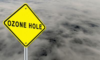 Warning road sign of the Ozone hole. Ecological concept. Care for the environment. Ecology. Warning against a cloudy sky.