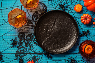 Halloween table setting decoration. Top view. Copy space