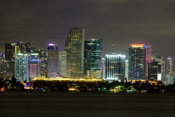 Fototapeta na wymiar Miami business district, lights and reflections of the city lights. Miami city night.