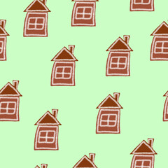 seamless pattern with red gingerbread houses on a green background