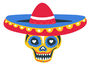 Skull with sombrero and paint, day of the dead