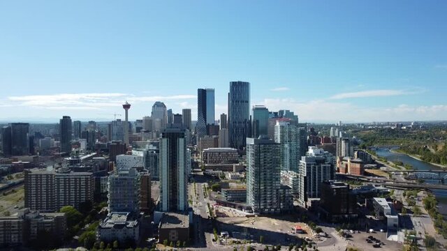 Drone angle of Calgary's skyline from the east side 