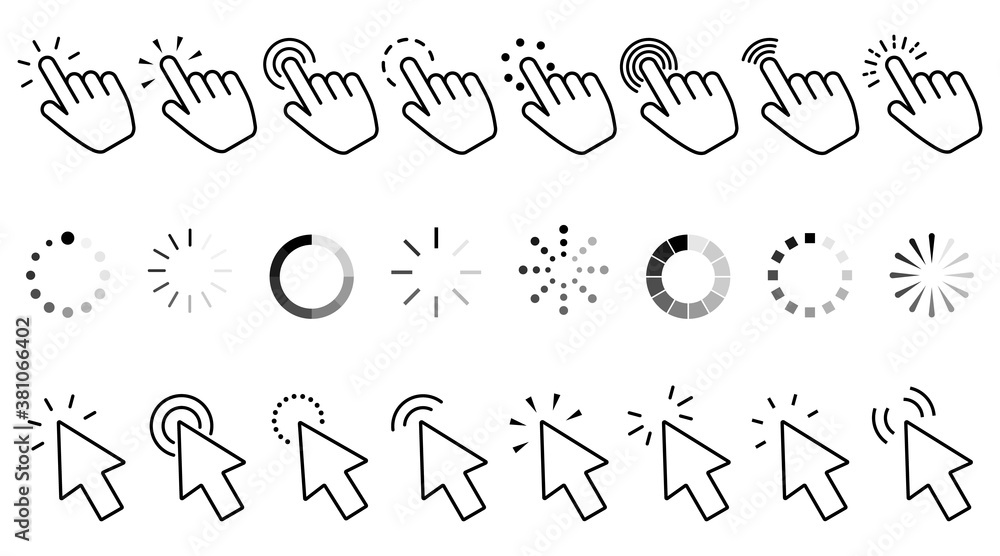 Poster click icon set. hand clicking, computer mouse click cursor and loading icon. vector illustration.