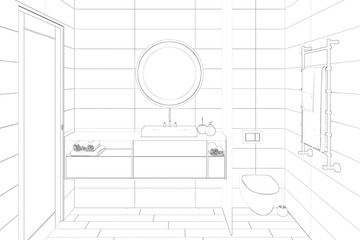 Sketch of the toilet with a door, a round mirror over the washbasin built into the cabinet, a...