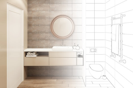 The sketch becomes a real beige toilet with a door, a round mirror over the washbasin, a toilet behind a partition. There is a dryer with a towel on the wall opposite the door. 3d render