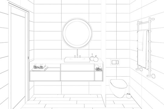 Sketch of the toilet with a door, a round mirror over the washbasin built into the cabinet, a toilet bowl behind a partition. There is a dryer with a towel on the wall opposite the door. 3d render