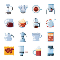 set of icons coffee tools and utensils on white background