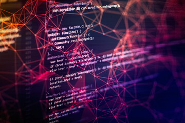 Notebook closeup photo. CSS, JavaScript and HTML usage. Monitor closeup of function source code....