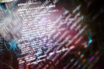 Notebook closeup photo. CSS, JavaScript and HTML usage. Monitor closeup of function source code....