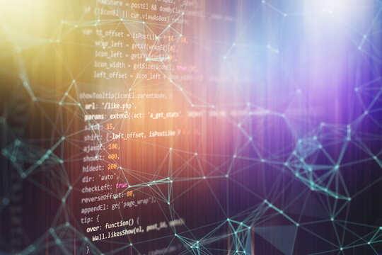Notebook closeup photo. CSS, JavaScript and HTML usage. Monitor closeup of function source code. Abstract IT technology background. Software source code.
