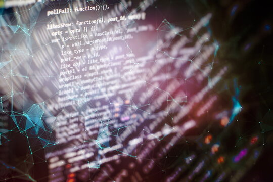 Notebook closeup photo. CSS, JavaScript and HTML usage. Monitor closeup of function source code. Abstract IT technology background. Software source code.