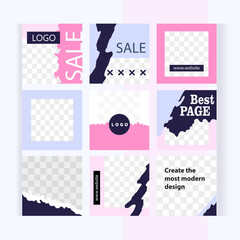 Contemporary design in soft pink and light blue. Small black and white crosses. Set of square templates for design of social networks, story and print with windows for images. 