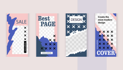 Modern design in pink and blue. Small black and white crosses. Trendy editable set for design of social networks, story and print with frame for images.