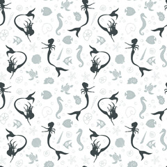 Sea life marine creatures and mermaids seamless pattern. Vector illustration. Vector graphic illustration.