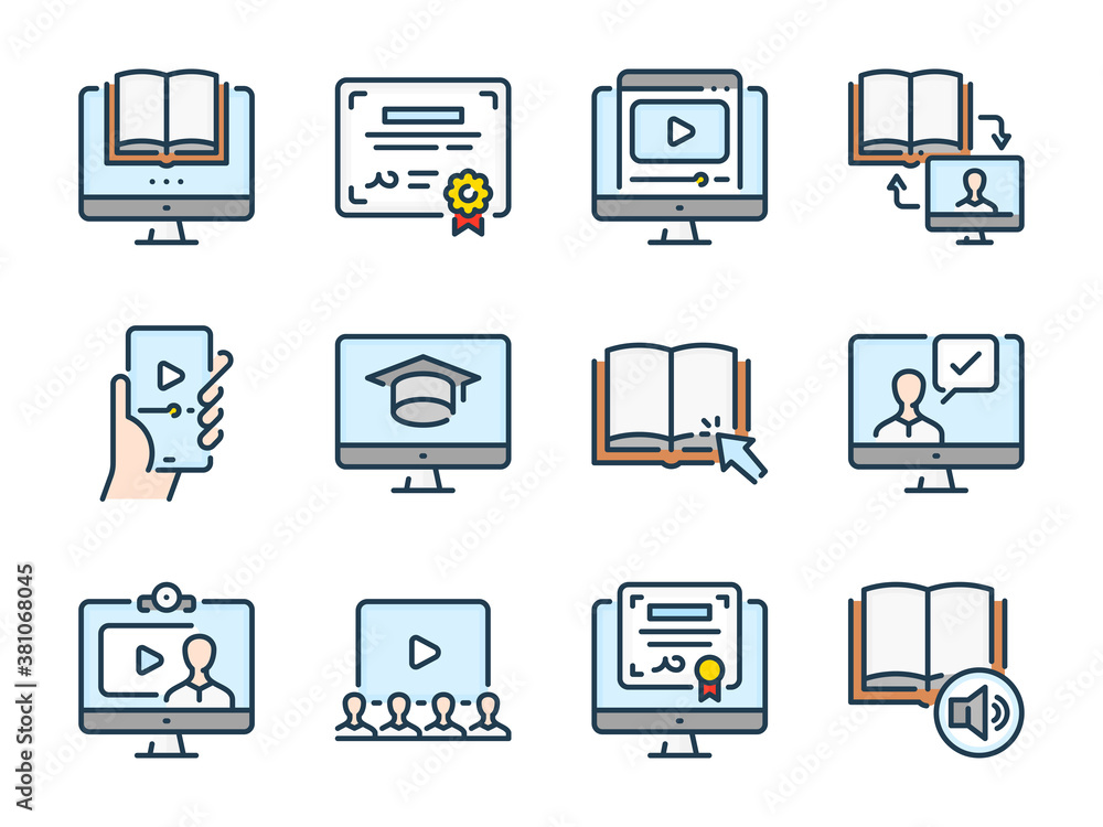 Poster online education related vector color line icons. e-learning and remote learning colorful outline ic