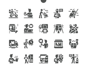 Delivery service, online order tracking, delivery home. Postal workers, courier. City logistics. Fast respond delivery package shipping. Vector Solid Icons. Simple Pictogram