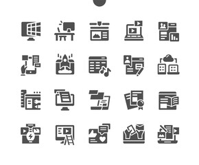 Web content. Marketing strategy. Video, text, information, site, blog, communication, management. Vector Solid Icons. Simple Pictogram
