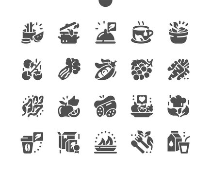 Healthy food for humans. Selection of healthy food. Fruits, berries and vegetables. Food shop, supermarket. Menu for restaurant and cafe. Vector Solid Icons. Simple Pictogram
