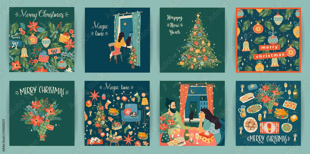 Wall mural set of christmas and happy new year illustrations. vector design templates.