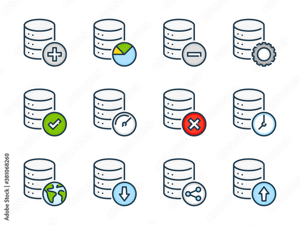 Poster database and online storage related vector color line icons. server and data transfer colorful outli