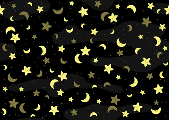 Seamless Baby Pattern with Yellow Stars and Moon and Clouds on Black Background - Repetitive Print Texture in Blue Tones, Vector Illustration