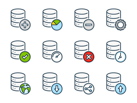 Database and Online Storage related vector color line icons. Server and Data transfer colorful outline icon set.
